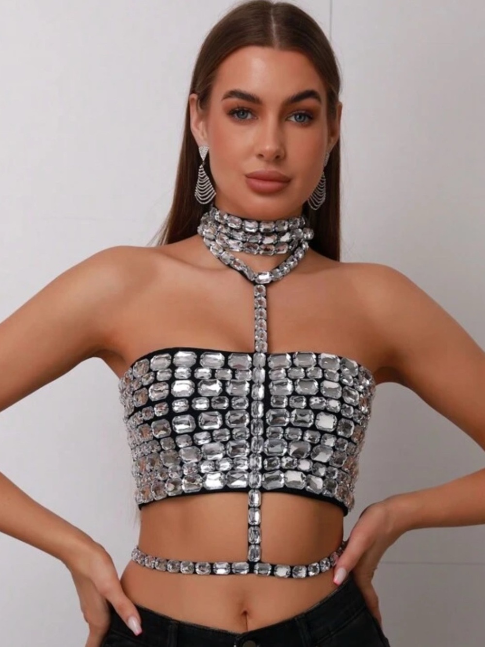 SHEIN Silver Gem-Embellished Strapless Crop Top with Choker